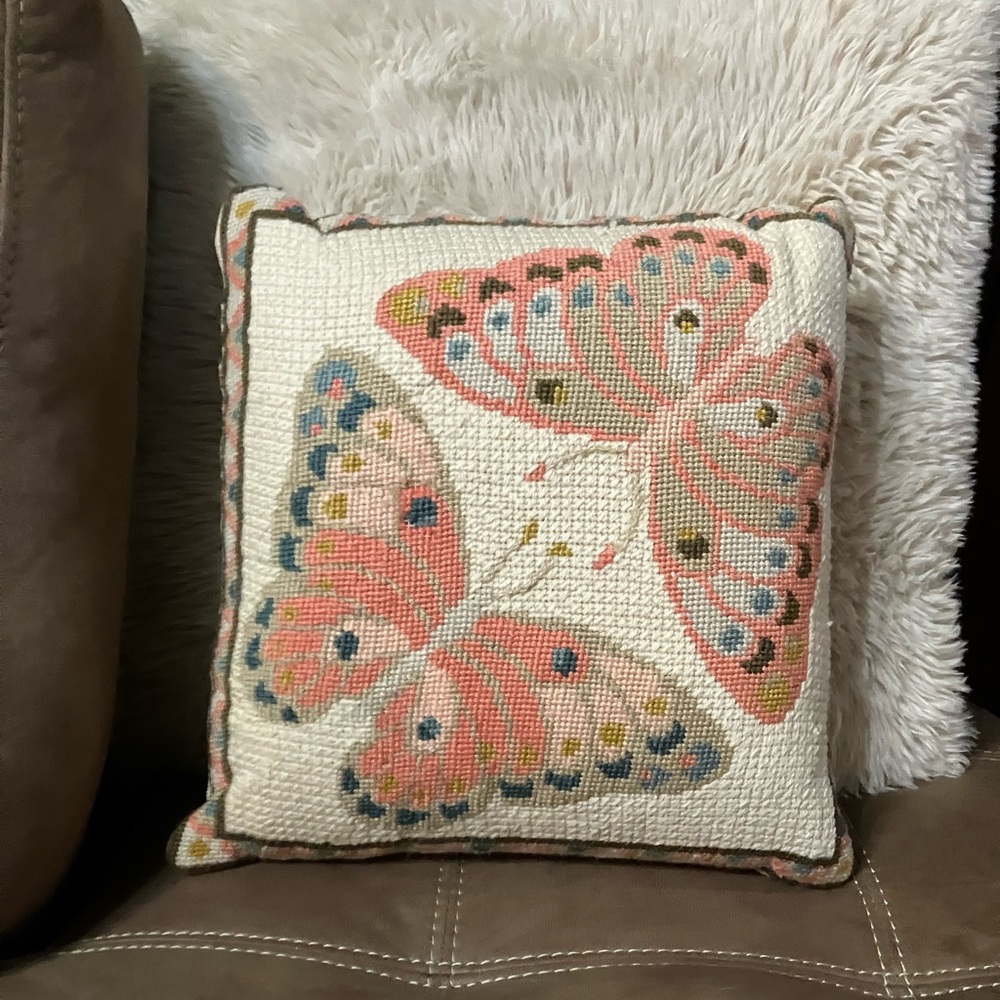 Beautiful Vintage Hand Embroidered Decorative Butterfly Throw Pillow